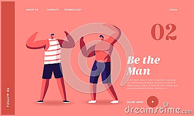 Measuring Strength Landing Page Template. Male Characters Demonstrate Huge Muscles and Sportive Athletic Body Vector Illustration