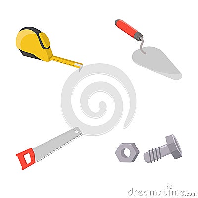 Measuring tape, bolt with nut, trowel, wood hacksaw. Build and repair set collection icons in cartoon style vector Vector Illustration