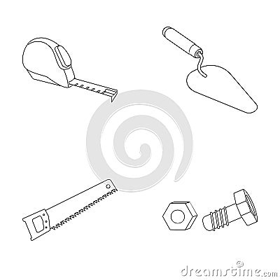 Measuring tape, bolt with nut, trowel, wood hacksaw. Build and repair set collection icons in outline style vector Vector Illustration