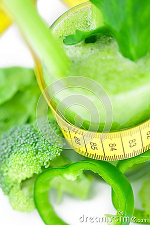 Measuring tape,broccoli,pepper,celery and celery juice Stock Photo