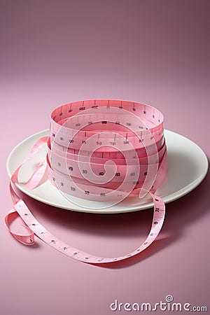 Measuring tape on a white plate on a pink background, vertical. Stock Photo