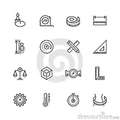 Measuring tools and measures icons in thin line style Vector Illustration