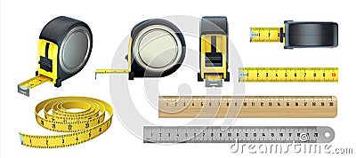 Measuring tools. Realistic instruments for length measurement. 3D tailor tape. Isolated metal or wooden rulers. Black Vector Illustration