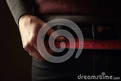 Measuring waist size with tape measure for weight loss progress Stock Photo