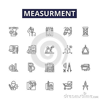 Measurment line vector icons and signs. Quantify, Testing, Calibrate, Gauge, Estimate, Metric, Survey, Analyze outline Vector Illustration