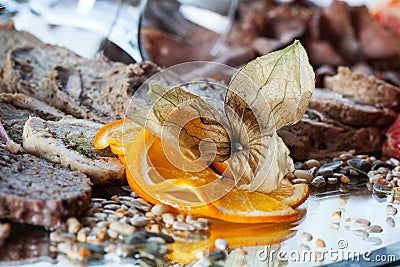 Meat appetizer on wedding table Stock Photo