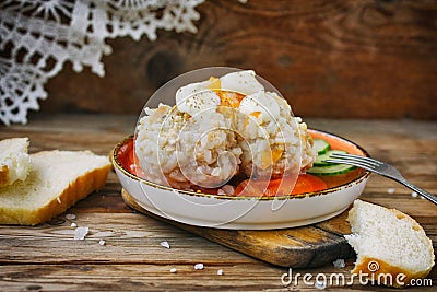 Meat balls with rice, hedgehogs with carrots, homemade food Stock Photo