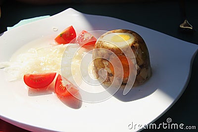 Meat brawn, a typical Austrian dish, served in Upper Austria. Stock Photo