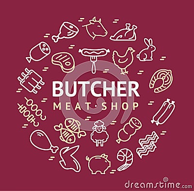 Meat Butchery Signs Thin Line Round Design Template Ad. Vector Vector Illustration