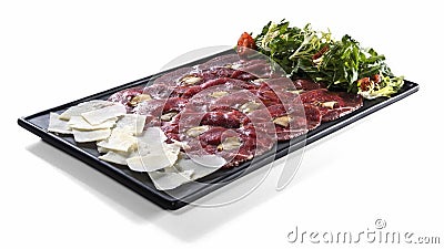 Meat carpaccio with parmesan and salad isolated on white Stock Photo