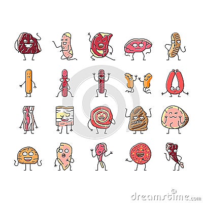 meat character beef food funny icons set vector Vector Illustration