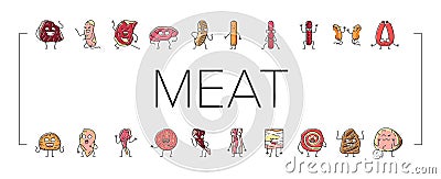 meat character beef food funny icons set vector Vector Illustration