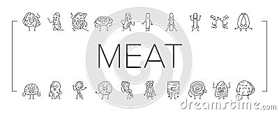 meat character beef food funny icons set vector Vector Illustration