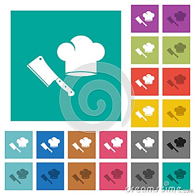 Meat cleaver knife and chef hat square flat multi colored icons Vector Illustration