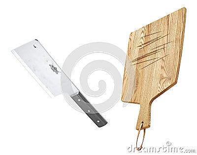 Meat cleaver and wood chopping board. 3d Cartoon Illustration