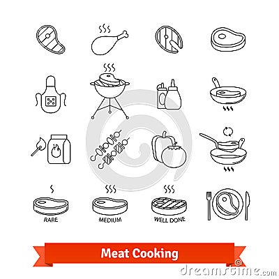 Meat cooking thin line art icons set Vector Illustration