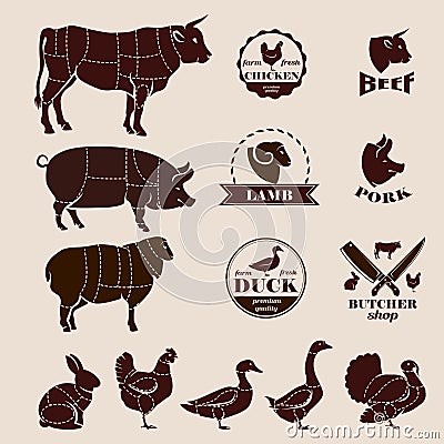 Meat cuts, butcher retro emblems and labels set Vector Illustration