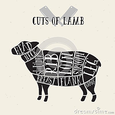 Meat cuts - lamb. Diagrams for butcher shop. Scheme of lamb. Animal silhouette lamb. Guide for cutting Vector Illustration