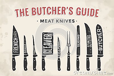 Meat cutting knives set. Poster Butcher diagram and scheme Vector Illustration