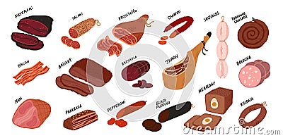 Meat Delicatessen set. Sausages and meat deli delicatessen from all over the world Vector Illustration