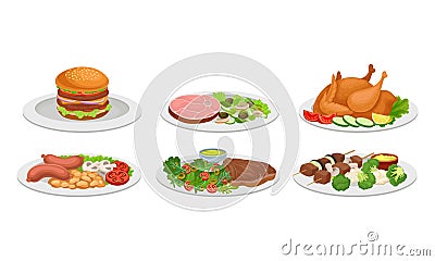 Meat Dishes and Courses Served on Plates with Shashlik and Hamburger Vector Set Vector Illustration