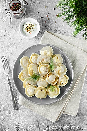 Meat dumplings - russian pelmeni, ravioli with meat on a grey plate. Flat lay composition Stock Photo