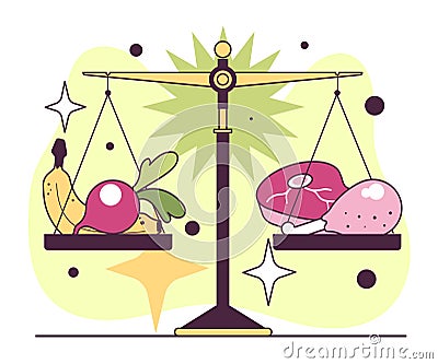 Meat-eating vs vegetarianism. Meat and vegetables on scales. Diet comparison Cartoon Illustration