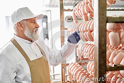 Meat factory production worker observing sausages. Stock Photo