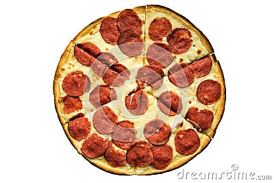 Meat feast pizza with pepperoni and spicy sausage topping isolated on white. Top View Stock Photo