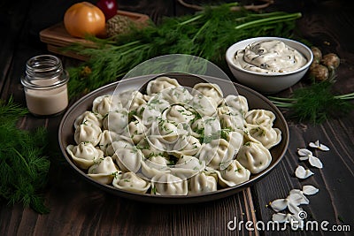 Meat filled dumplings pelmeni. Generate ai Stock Photo