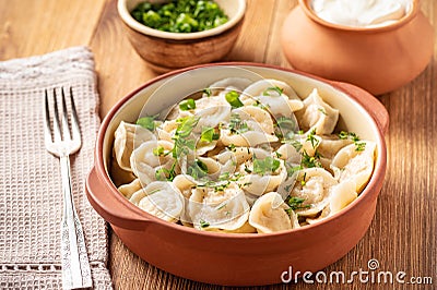 Meat filled dumplings, pelmeni, Russian cuisine. Stock Photo