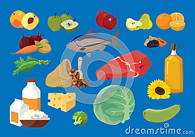 Meat, fish, butter, fruits, vegetables, dairy products- useful p Vector Illustration