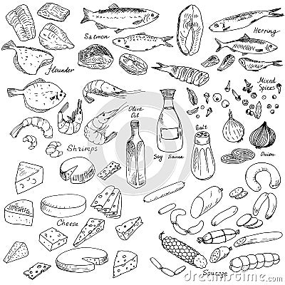 Meat,fish and cheese, food set Vector Illustration