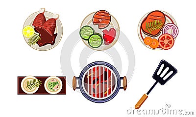 Meat and fish dishes cooked on the grill, tasty healthy food, top view vector Illustration on a white background Vector Illustration