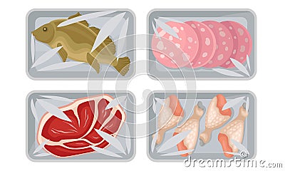 Meat and Fish Packed in Boxes Under Vacuum Food Packaging Film for Keeping Safe Vector Set Vector Illustration