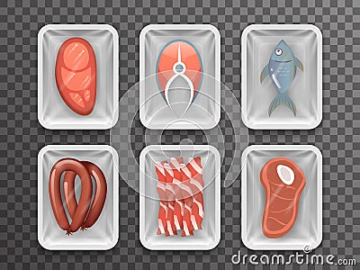 Meat fish sausage bacon tenderloin disposable food pack isolated 3d realistic shop package box with shadow mockup Vector Illustration