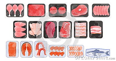Meat and fish supermarket packages set, top view of plastic styrofoam containers Vector Illustration
