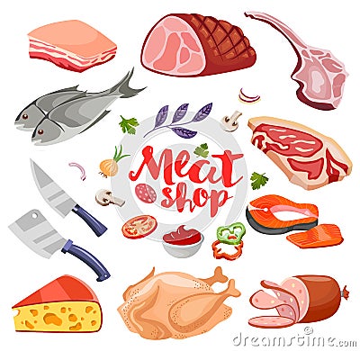 Meat flavoring and cheese flat food icons set vector. Fresh meat icon Vector Illustration