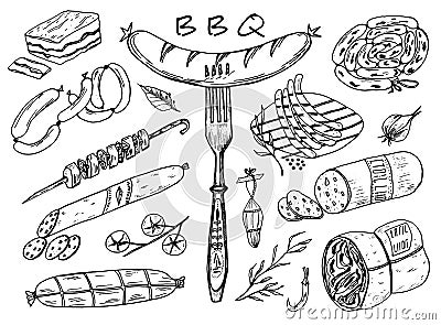 Meat food, sausage and steak for bbq and picnic. Doodle Signs for menu. Vintage engraved illustration. monochrome style. Vector Illustration