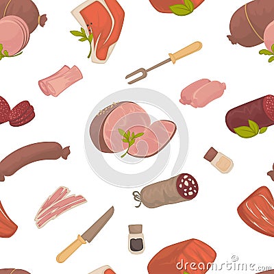 Meat food, steak and sausages with spice in glass bottles vector. Vector Illustration