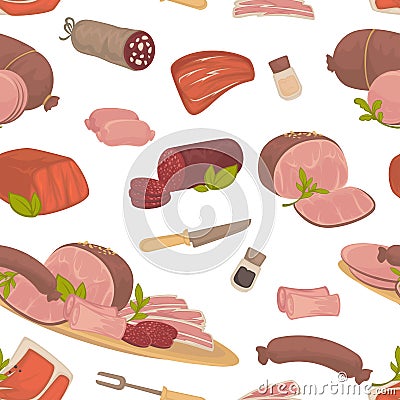 Meat food, steak and sausages with spice in glass bottles vector. Vector Illustration