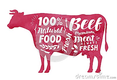 Meat, fresh beef, vector label. Silhouette cow with lettering Vector Illustration