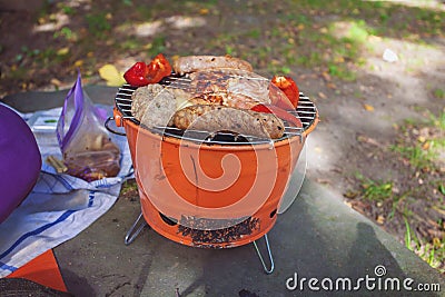 Meat grilling over the coals on a portable barbecue Stock Photo