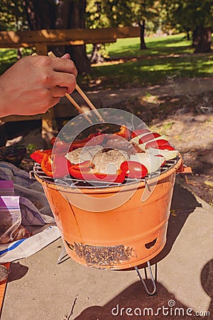 Meat grilling over the coals on a portable barbecue Stock Photo