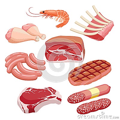 Meat icon set vector Fresh and grilled meat icons set. Steak, shrimp, chicken leg, sausages, ribs, pork and beef Vector Illustration