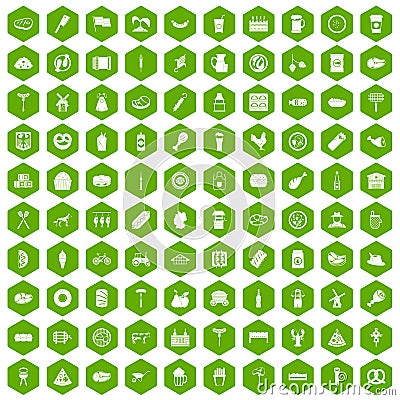 100 meat icons hexagon green Vector Illustration