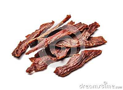 Meat Jerky Isolated, Dry Salted Chicken Slices, Small Pieces of Dehydrated Beef, Beer Snacks, Dried Pork Stock Photo