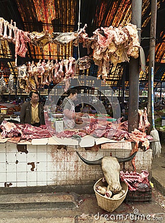 Meat Market in Tibet Editorial Stock Photo