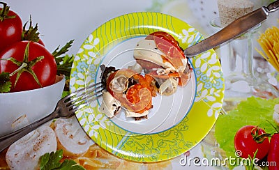 Meat, meat with cheese and tomatoes Stock Photo