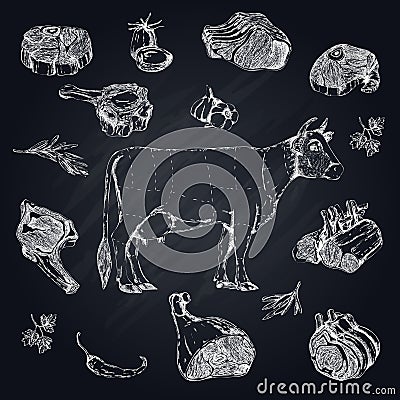 Meat Monochrome Hand Drawn Set Vector Illustration